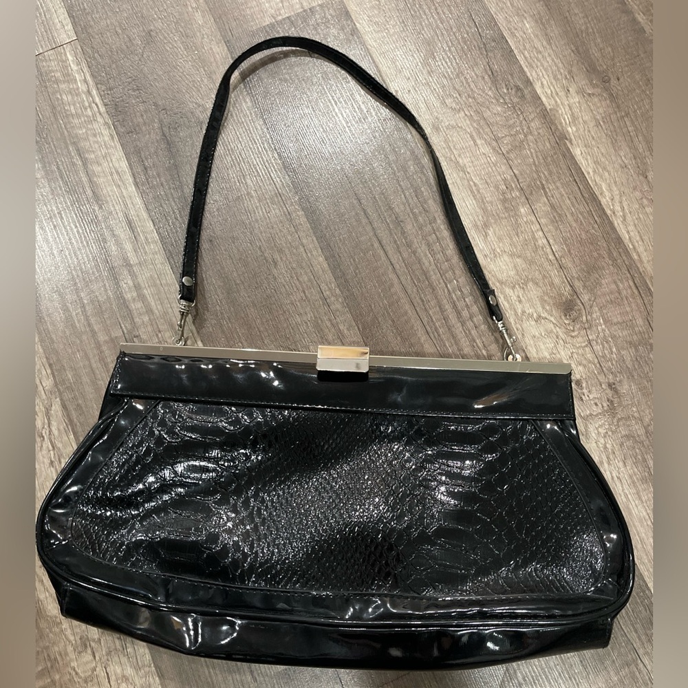Vintage black croc embossed large clutch bag clip mid century Y2K wedding prom